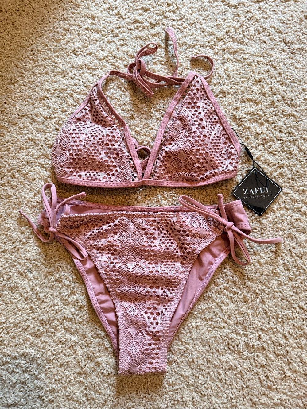 Zaful Dusty Pink Crochet Triangle Bikini Set